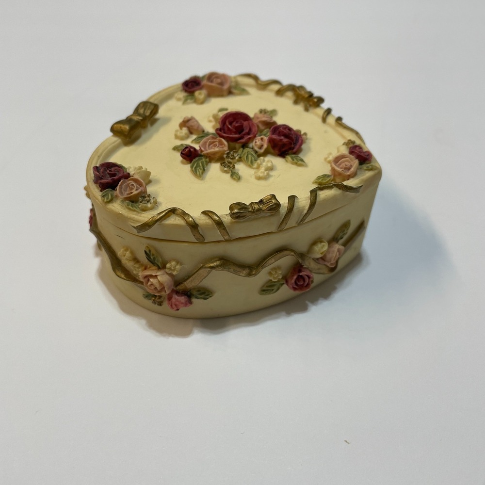 Dezine Ltd Trinket Box Heart Shaped Vintage 1993 Hand Painted Roses Floral 3D